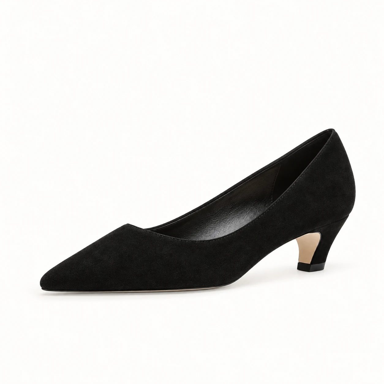 Black suede pointed-toe kitten heel pumps for women in US size 4 on a white background