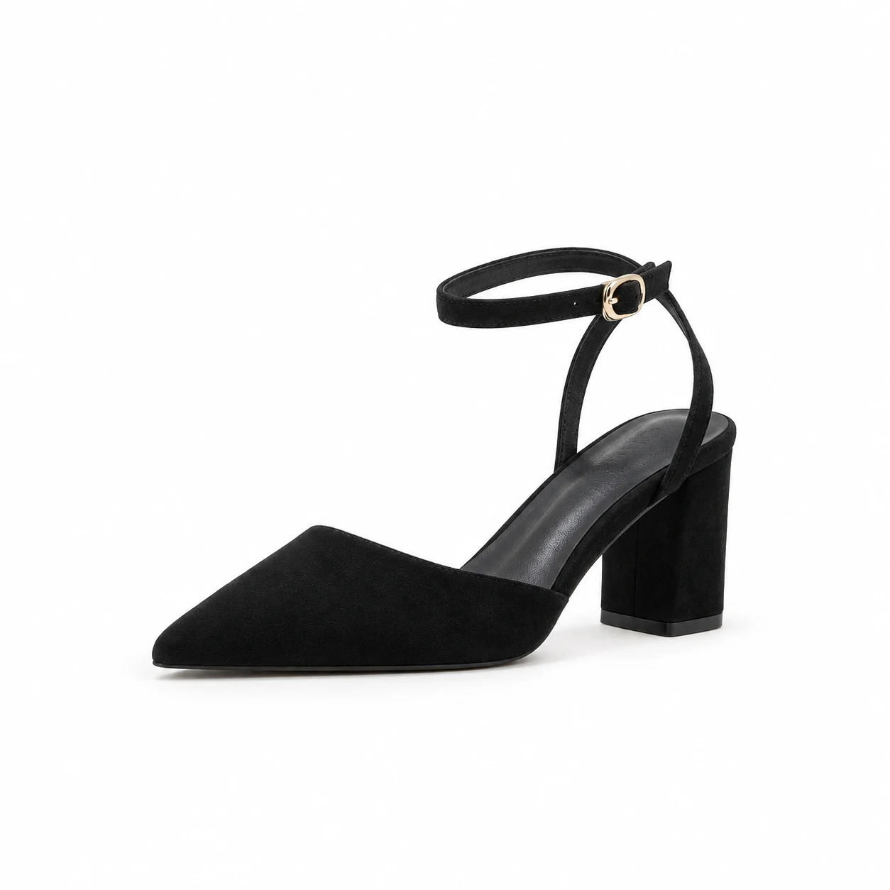 Black suede pointed-toe block heel shoes for women in US size 4 on a white background