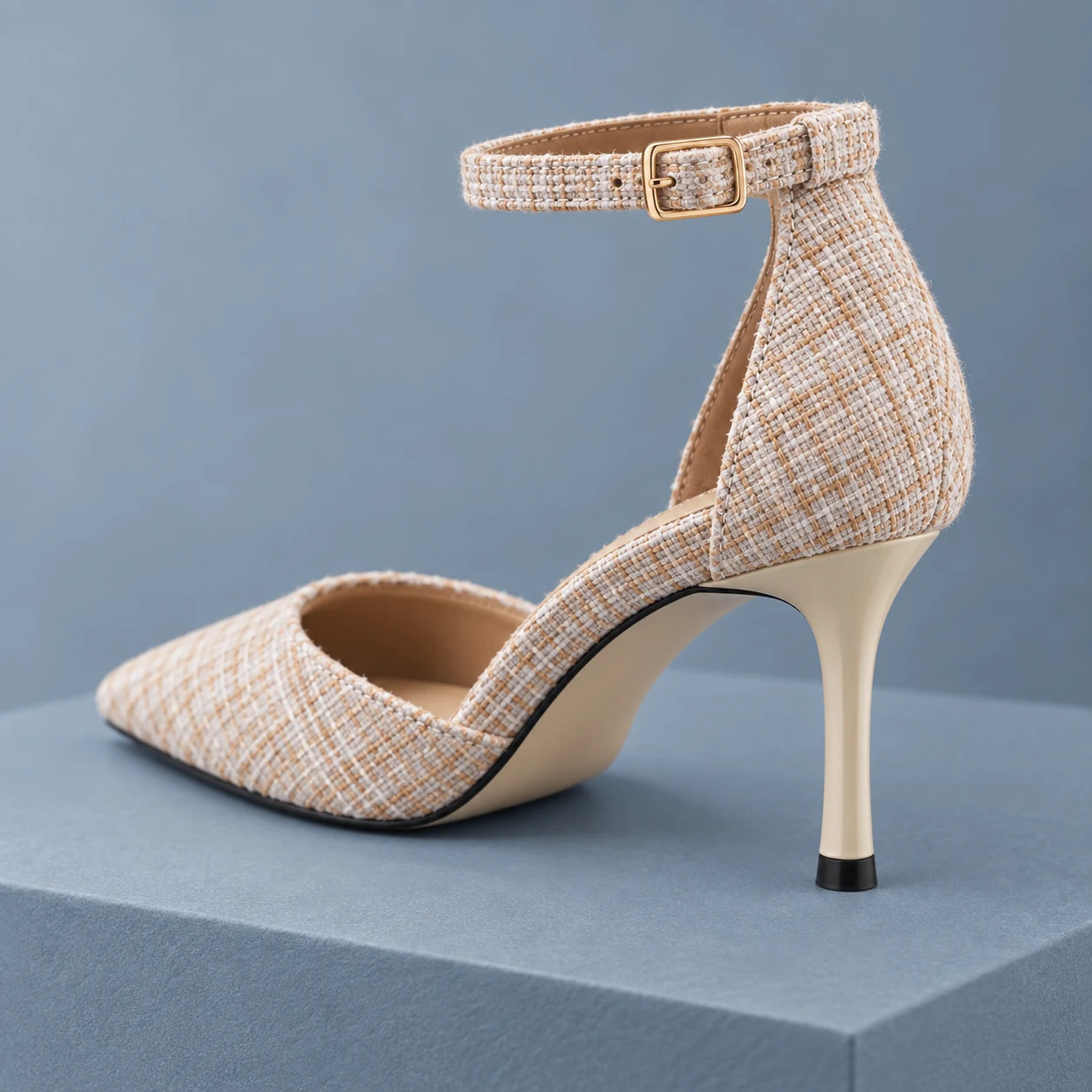 Close-up of the Beige Tweed Heel ankle strap, gold buckle and slim stiletto heel