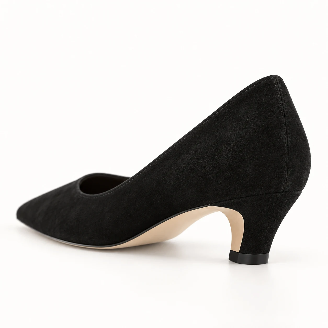 Black suede pointed-toe kitten heel pumps for women in US size 4 on a white background
