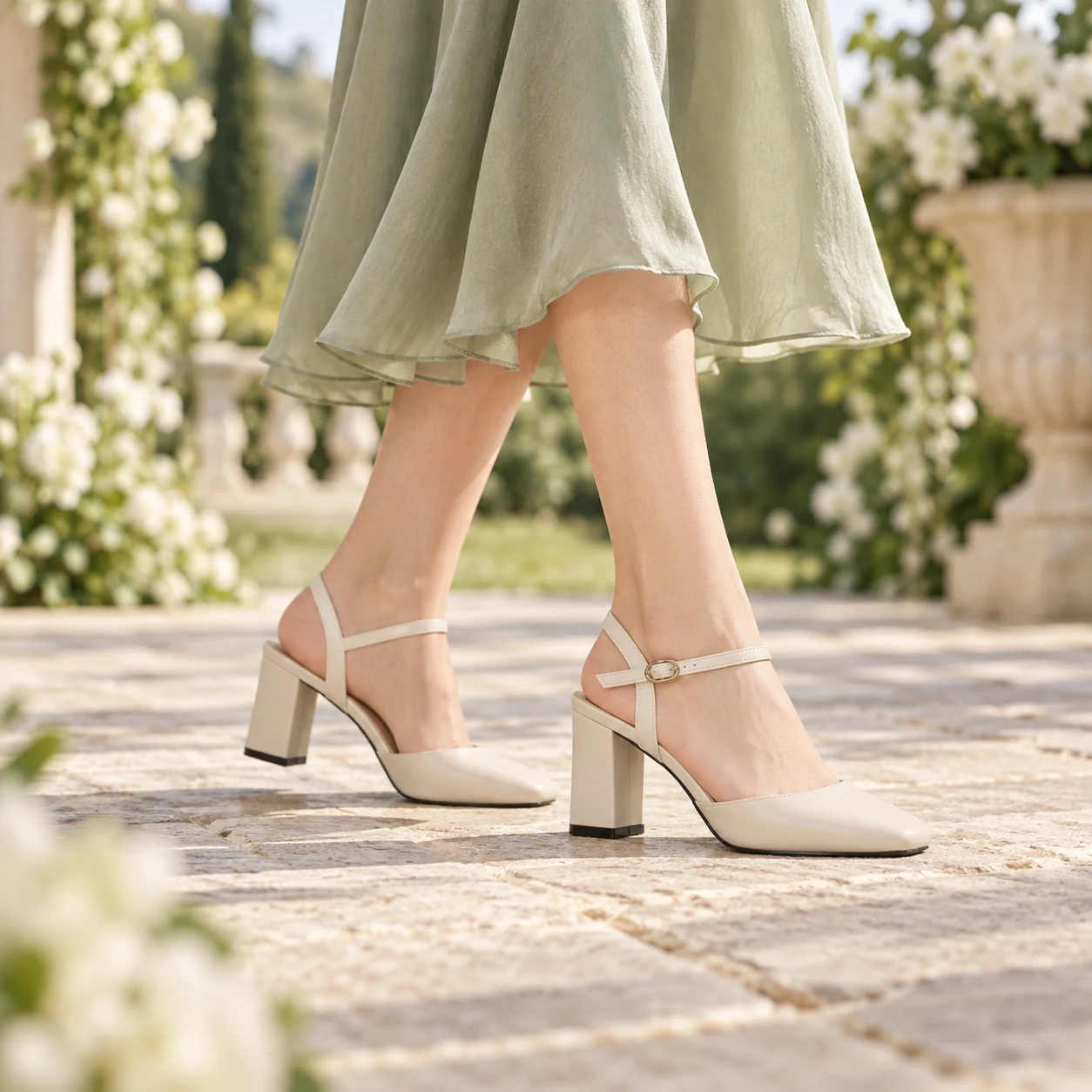 Woman wearing ivory slingback block heels with a sage dress at a summer wedding