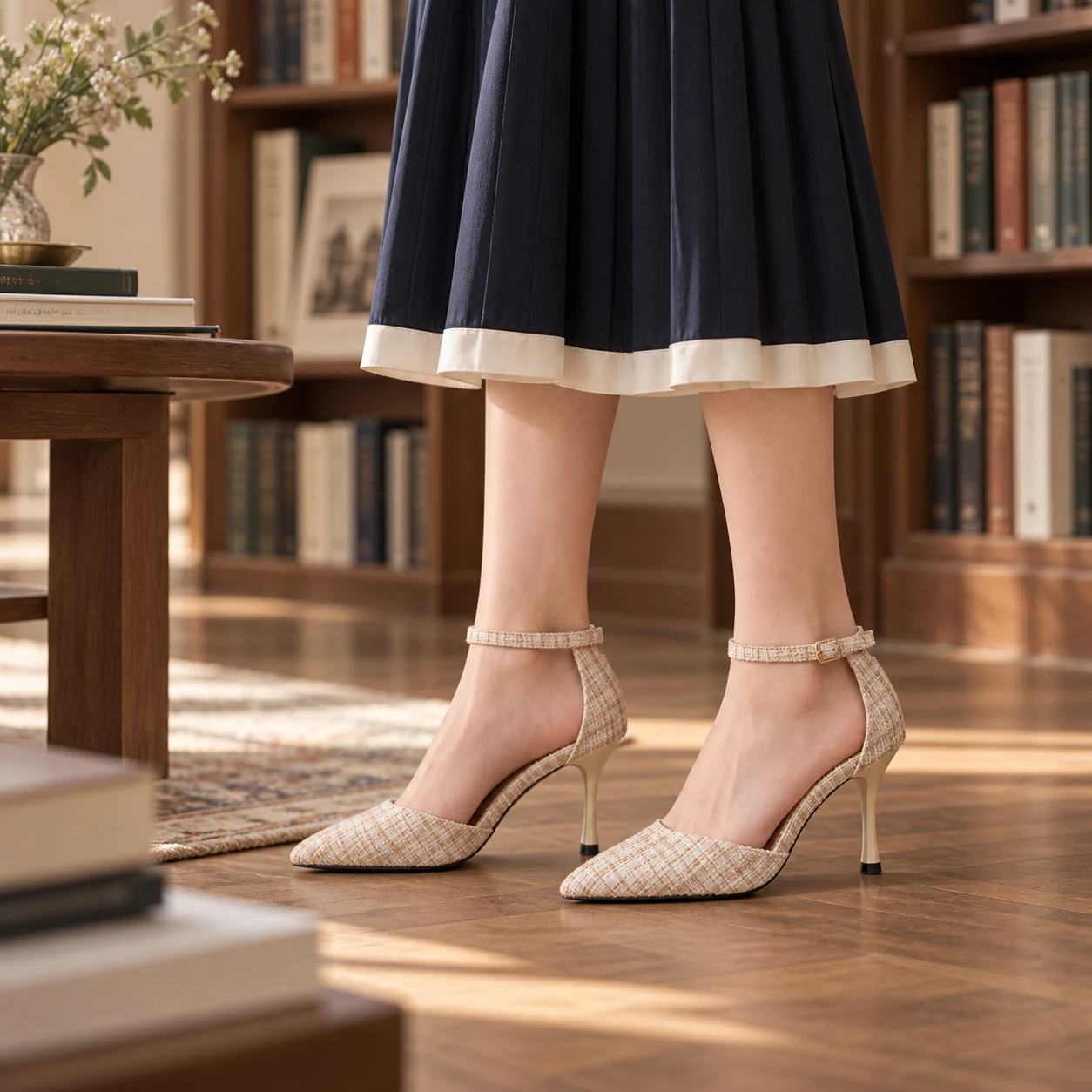 Petite woman standing in Beige Tweed heels and a navy midi skirt in a private reading room