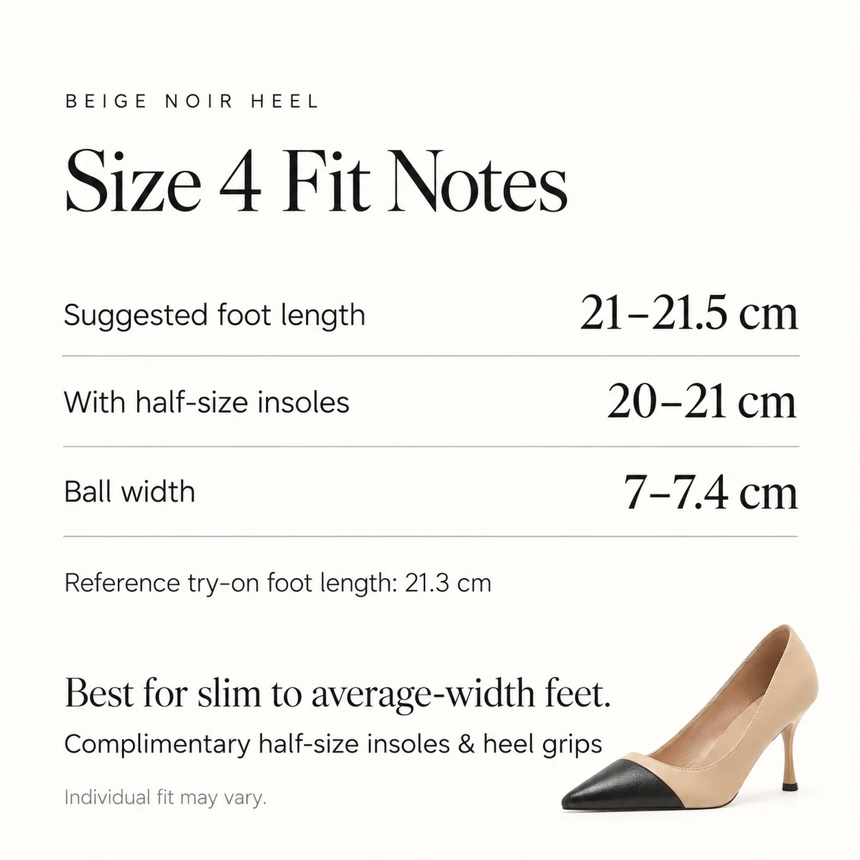 Beige Noir Heel fit guide with foot length, ball width and half-size insole guidance for women's US size 4