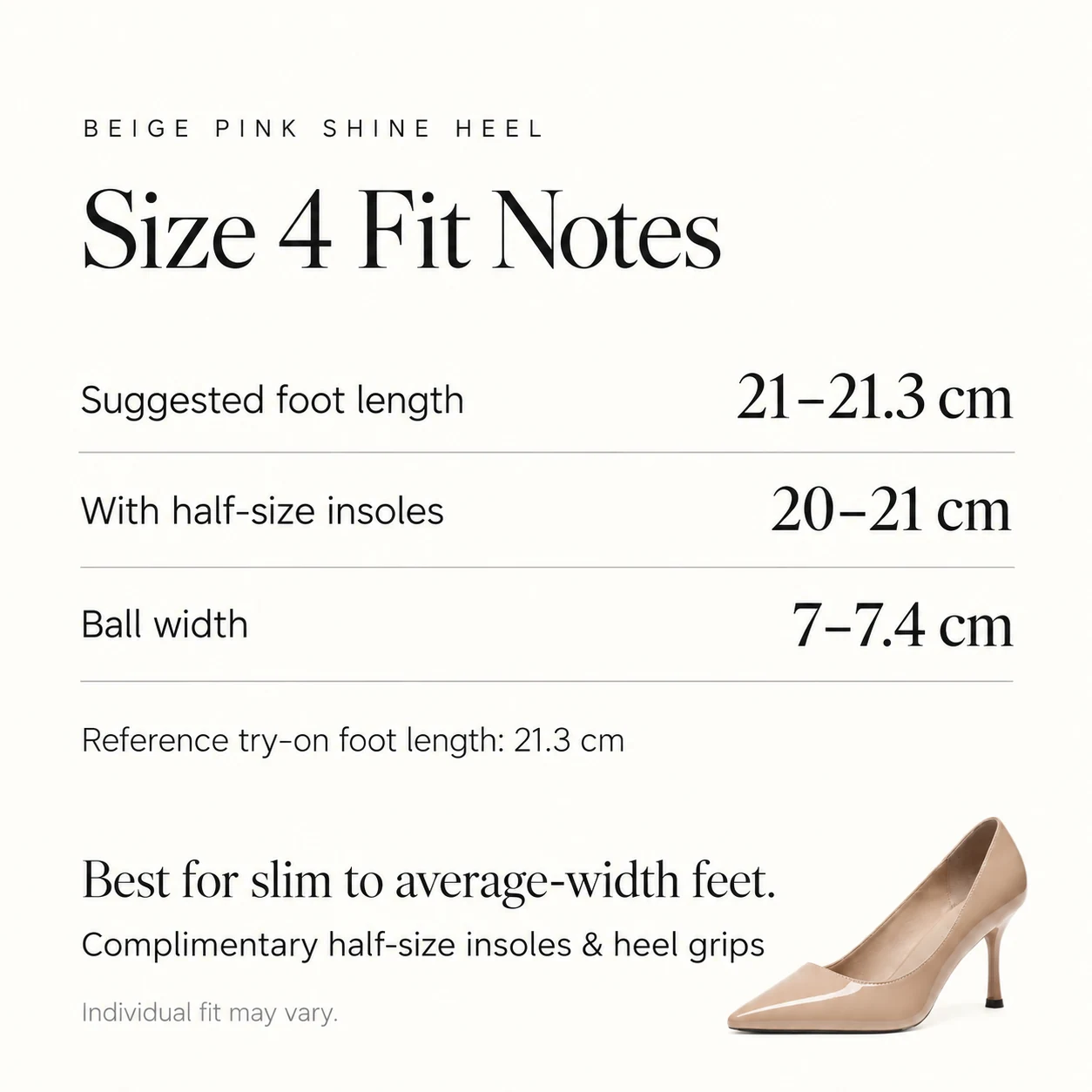 Beige Pink Shine Heel fit guide with foot length, ball width and half-size insole guidance for women's US size 4