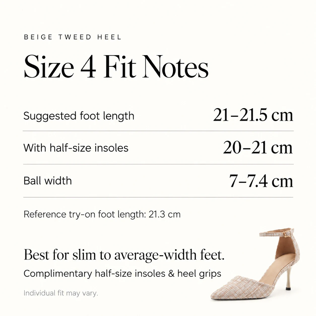 Beige Tweed Heel fit guide with foot length, ball width and half-size insole guidance for women's US size 4
