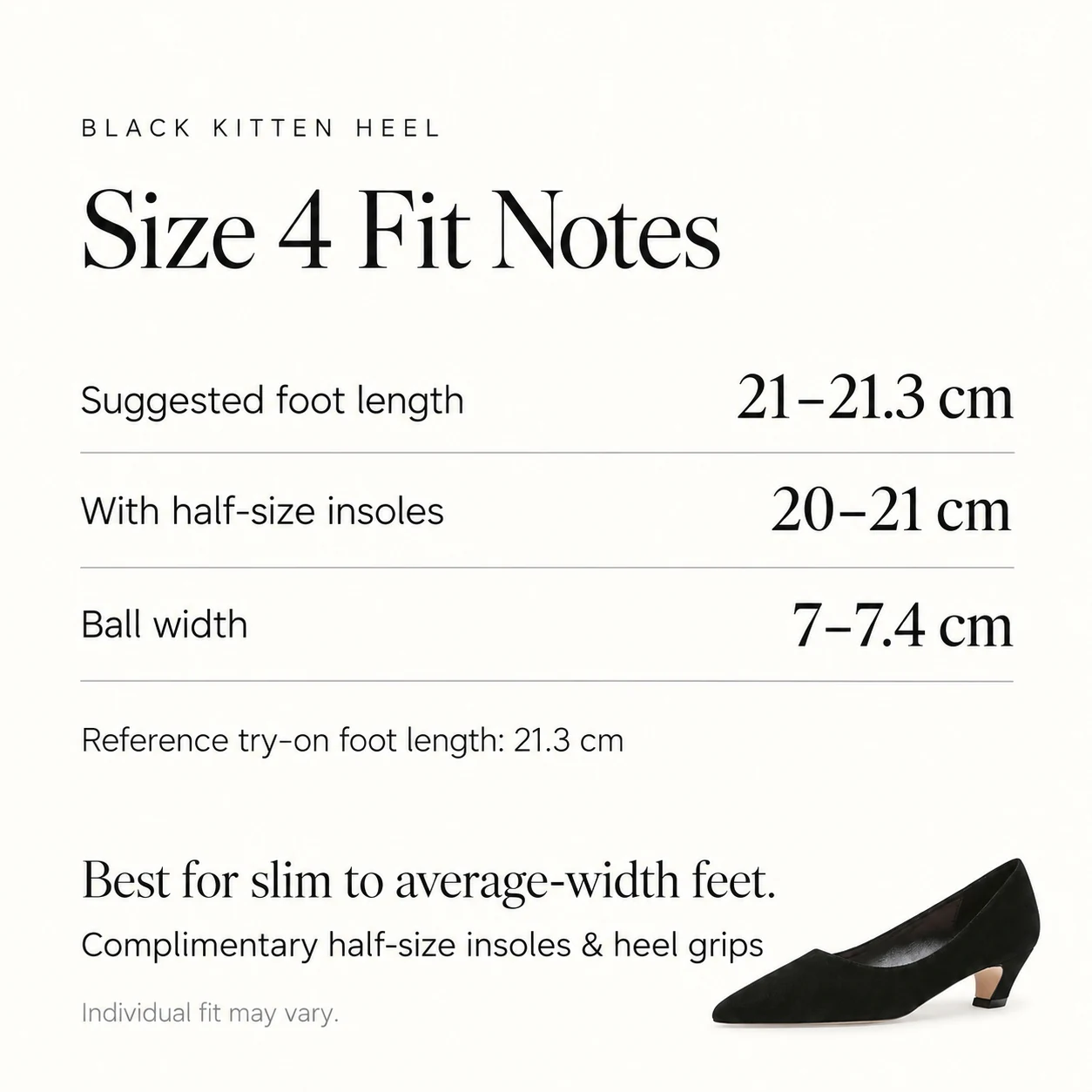 Black Kitten Heel fit guide with foot length, ball width and half-size insole guidance for women's US size 4
