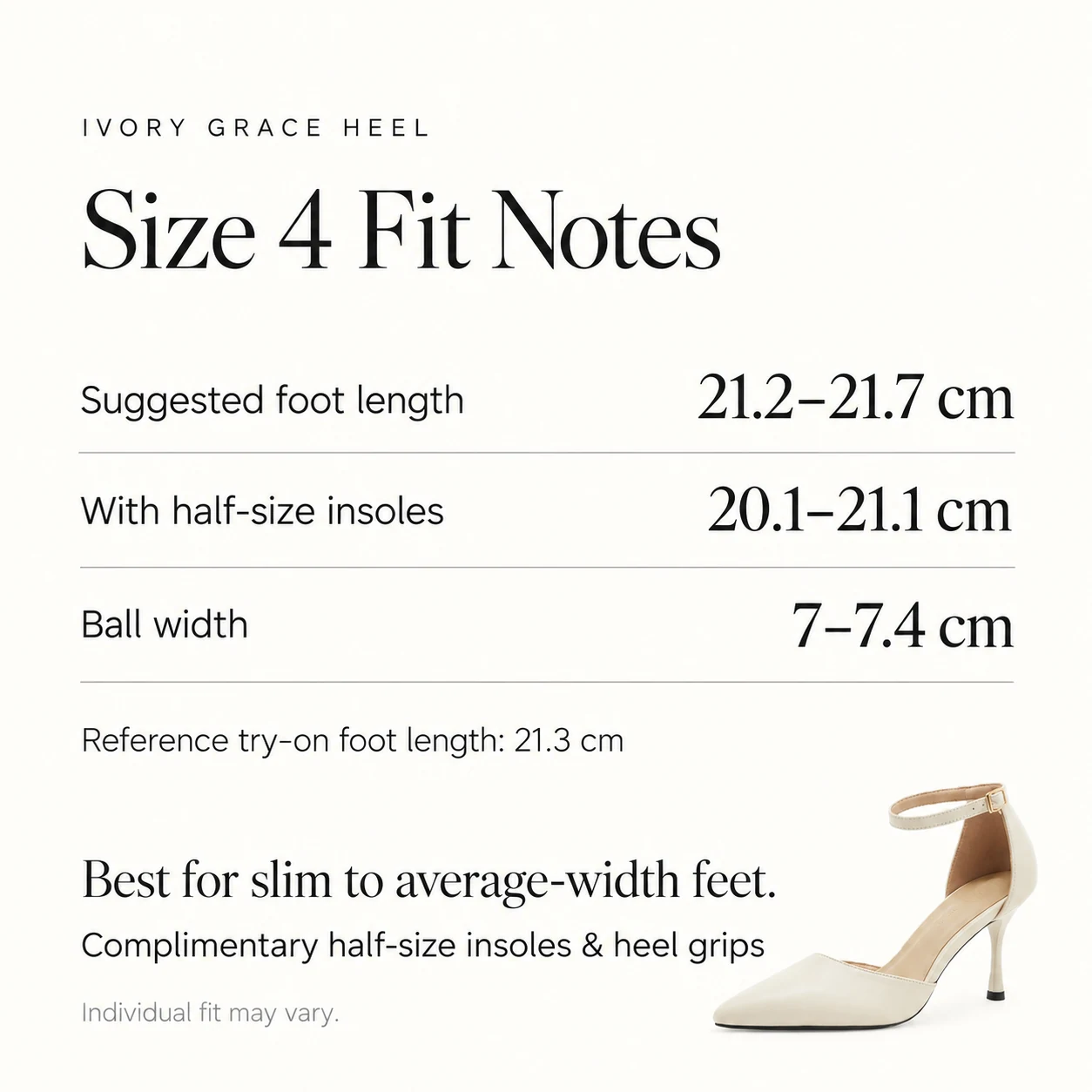 Ivory Grace Heel fit guide with foot length, ball width and half-size insole guidance for women's US size 4