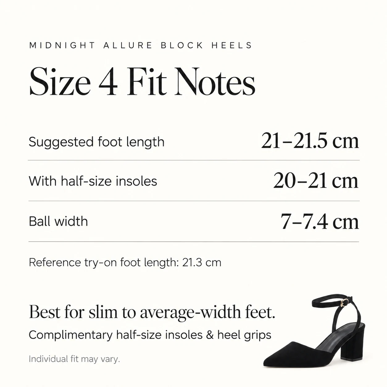 Midnight Allure Block Heels fit guide with foot length, ball width and half-size insole guidance for women's US size 4