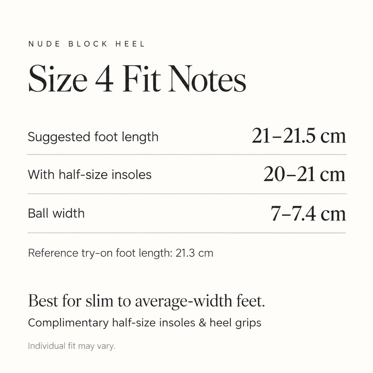 Nude Block Heel fit guide with foot length, ball width and half-size insole guidance for women's US size 4