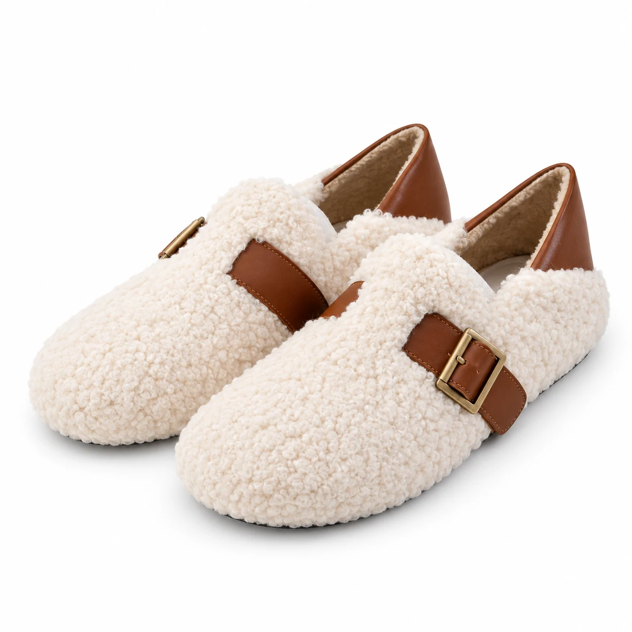 Ivory shearling Mary Jane flats with brown leather buckles for women in US size 4