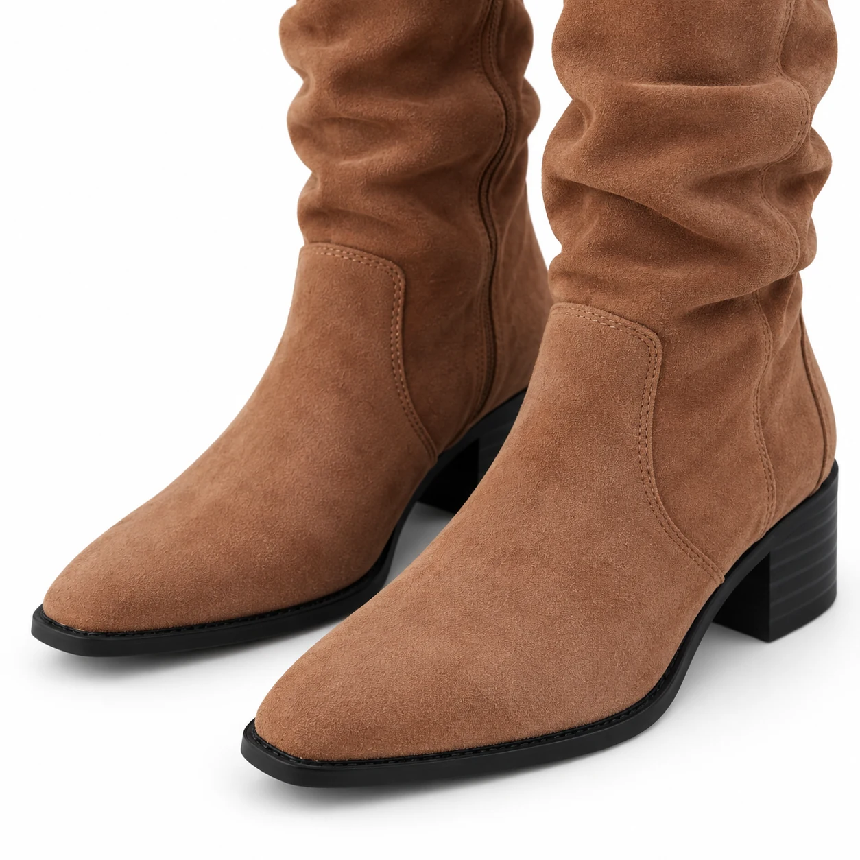 Close-up of Brown Slouch Boots suede toe, outsole and block heel