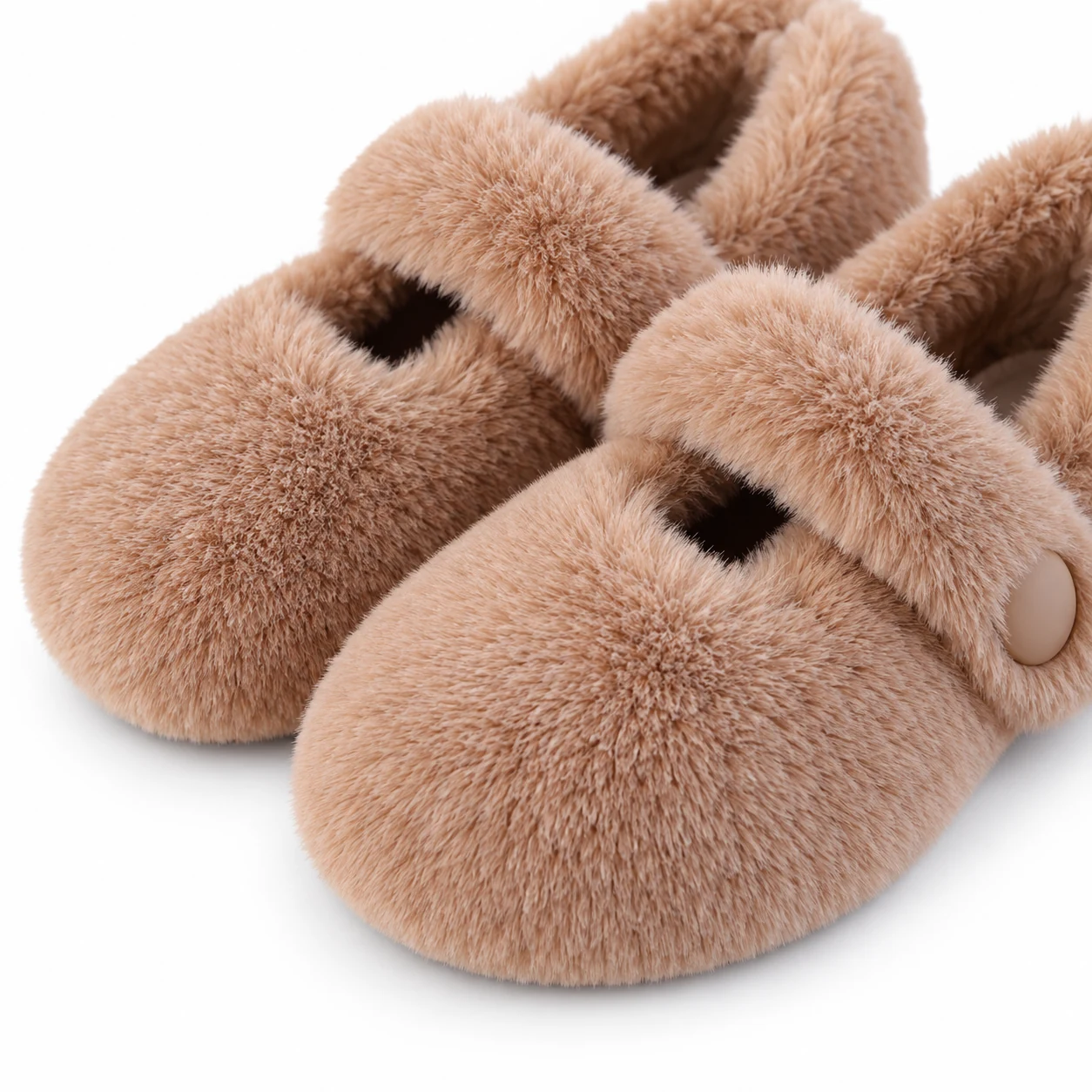 Close-up of Camel Furry Mary Jane rounded toes and dense plush texture