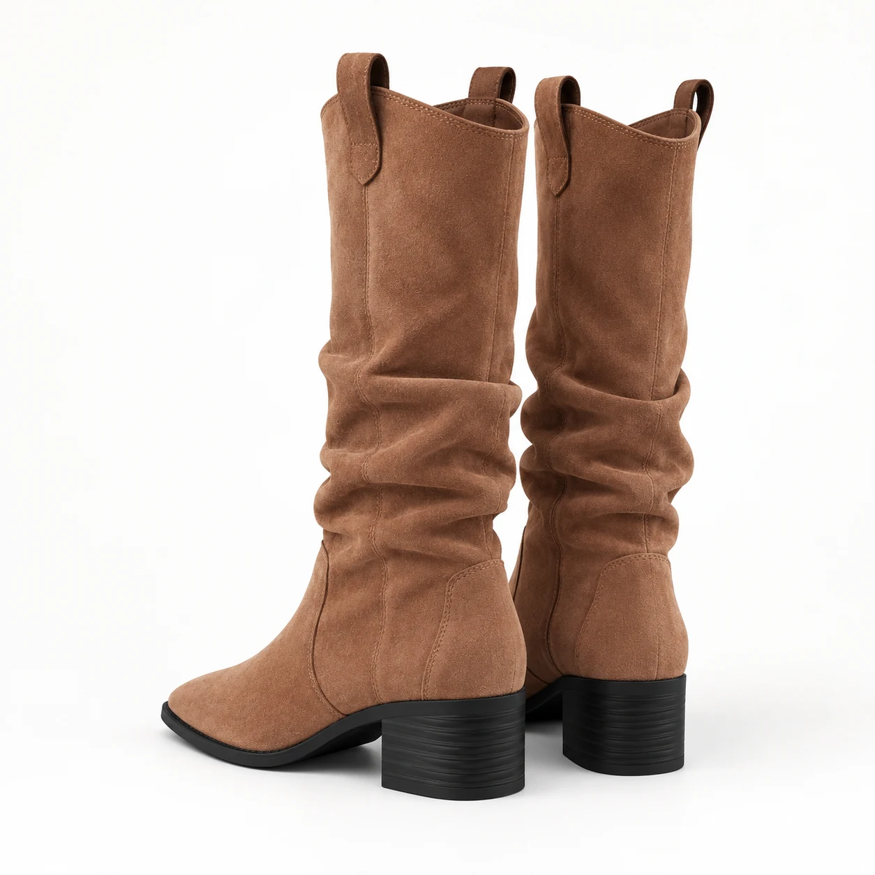 Rear detail of Brown Slouch Boots showing suede folds, pull tabs and block heels