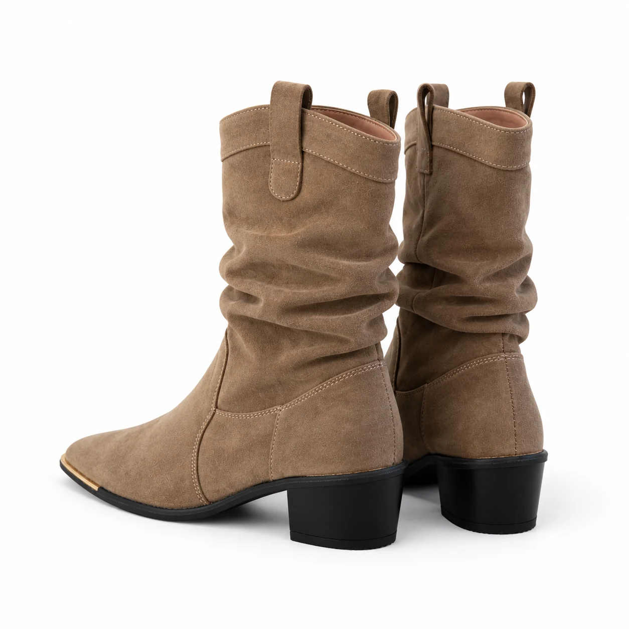 Rear detail of Brown Slouch Short Boots showing folded suede shafts and block heels