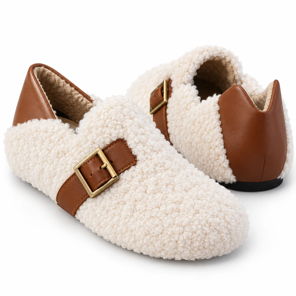 Detail of Shearling Mary Jane brass buckles and brown leather heel counters