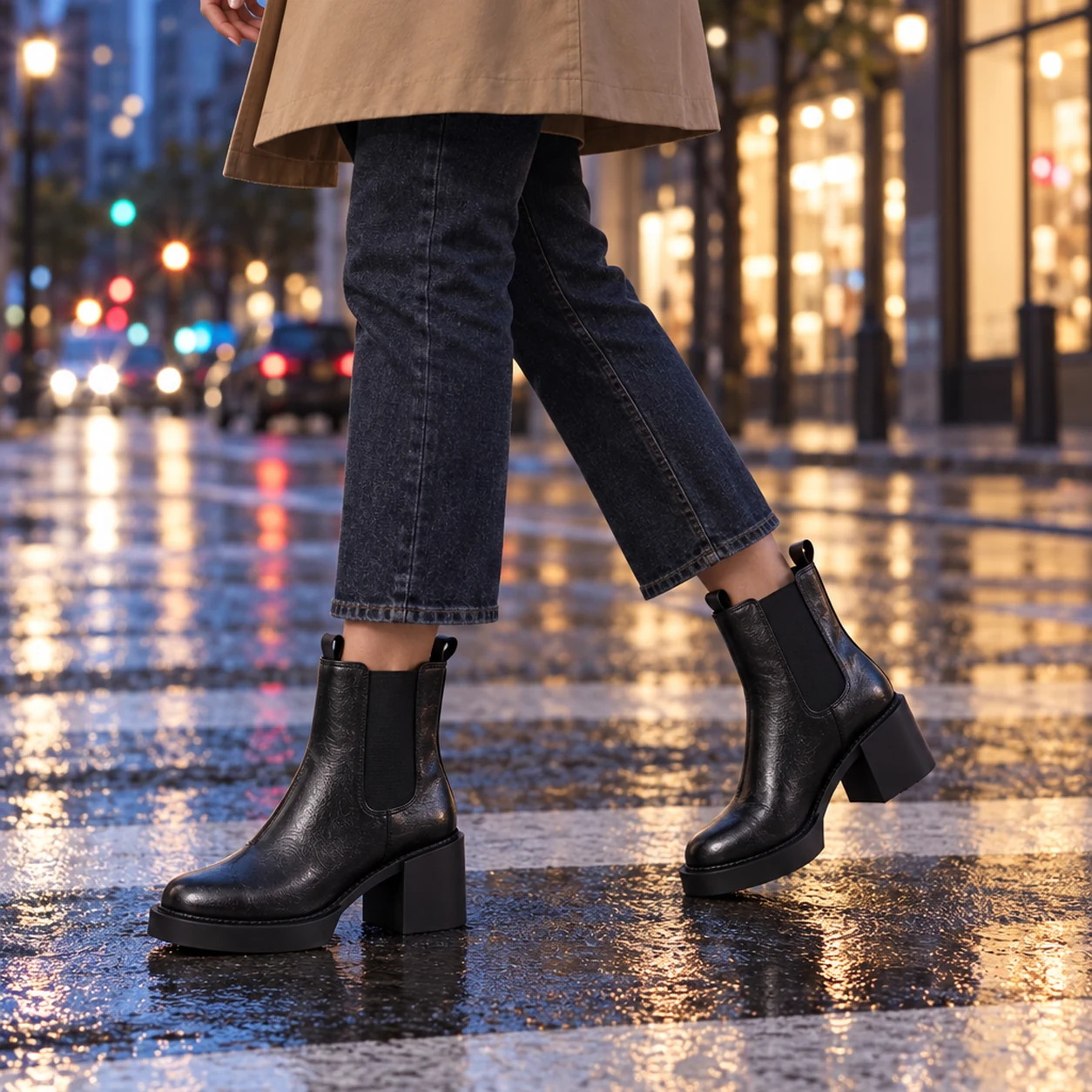 Petite woman walking in black Chelsea boots, cropped jeans and a camel trench after rain