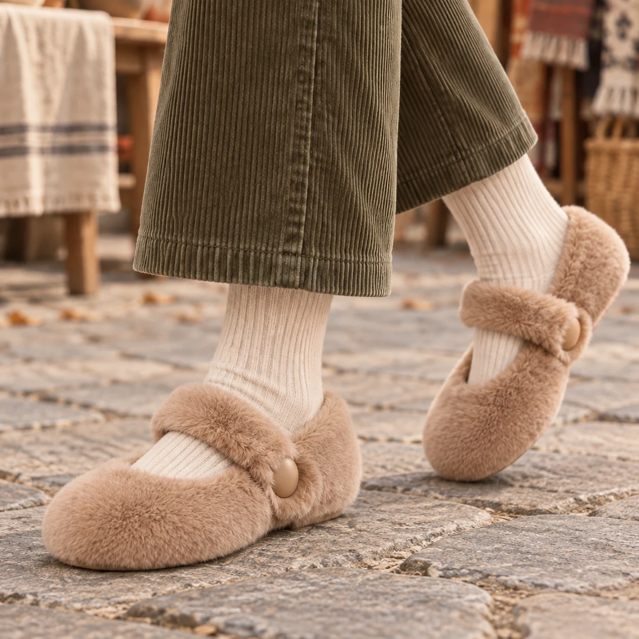 Petite woman walking in camel furry Mary Jane flats, cream socks and olive corduroy trousers