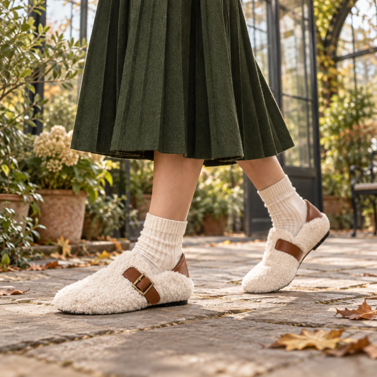 Petite woman walking in ivory shearling Mary Jane flats and a green pleated skirt
