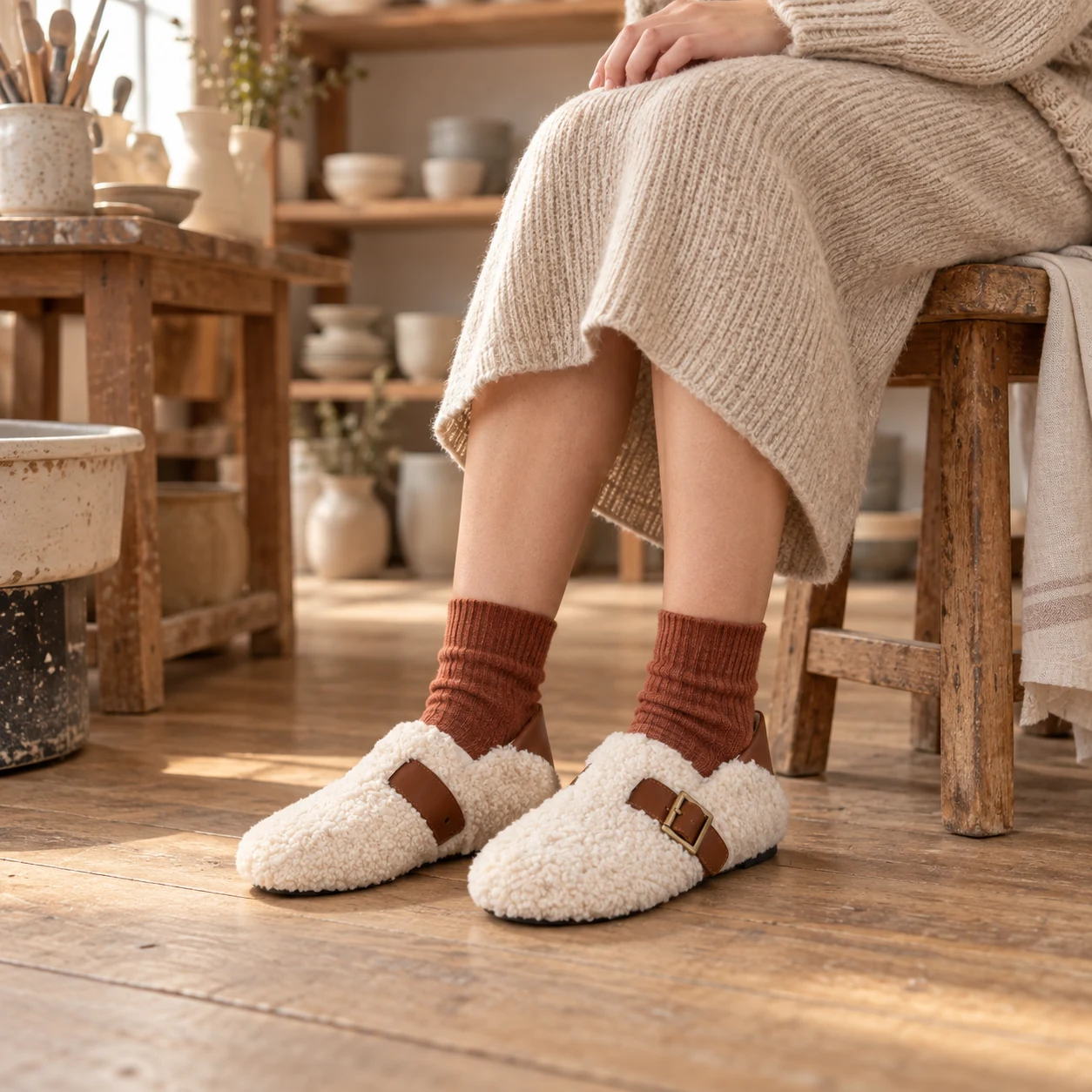 Petite woman seated in ivory shearling Mary Jane flats at an artisan pottery studio